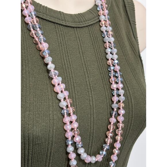 Women's Pink Gray Blue Beaded Classic Spring Pastel Long Necklace BOHO Simple - Picture 3 of 5